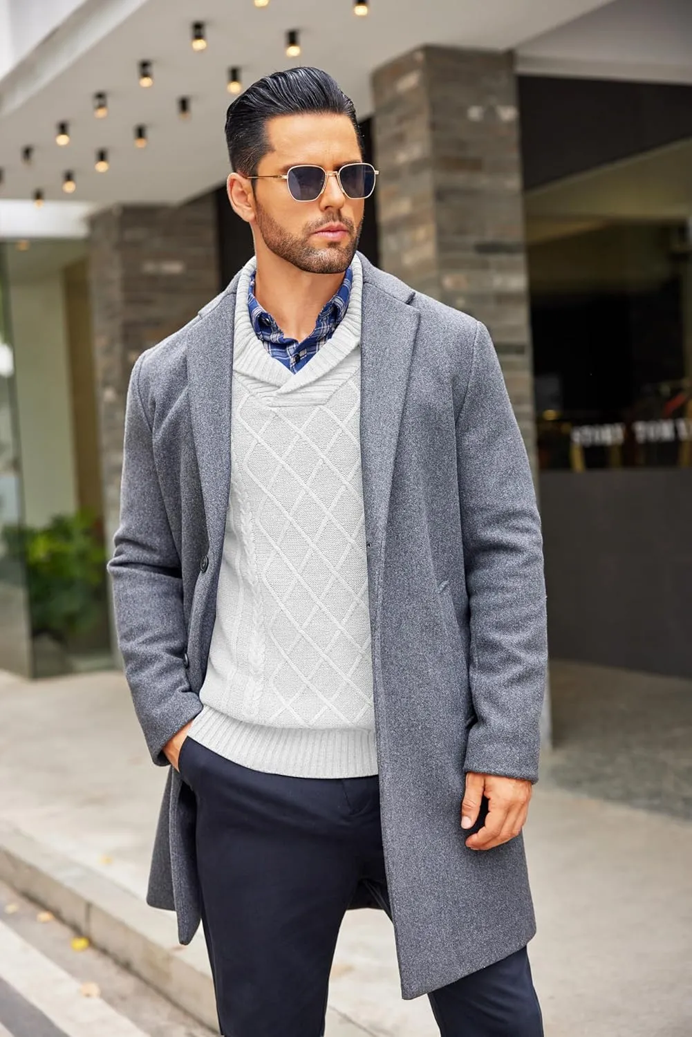 COOFANDY Men's Shawl Collar Sweaters V-Neck Relaxed Fit Cable Pullovers