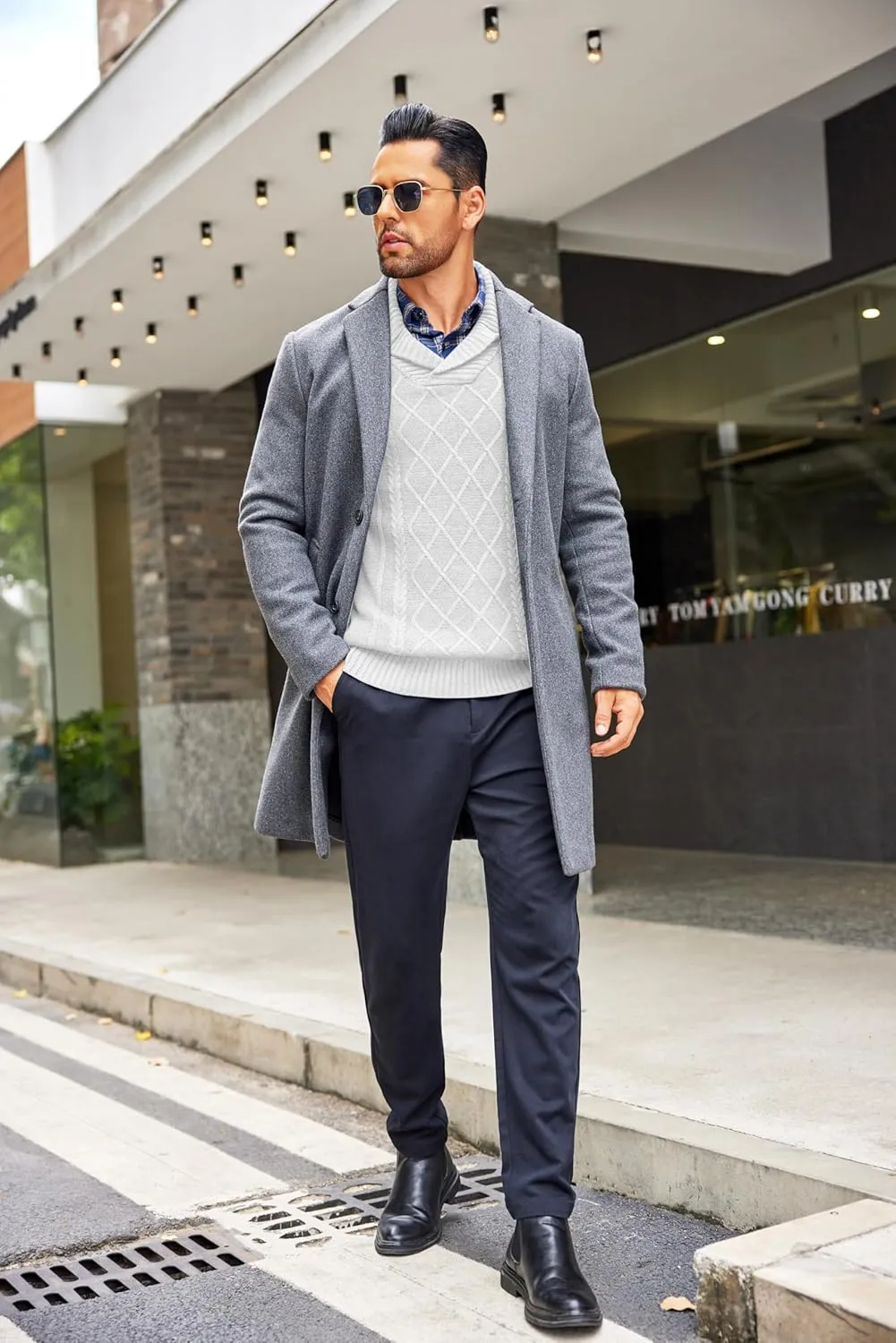 COOFANDY Men's Shawl Collar Sweaters V-Neck Relaxed Fit Cable Pullovers