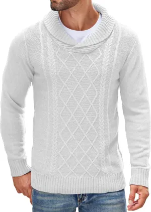 COOFANDY Men's Shawl Collar Sweaters V-Neck Relaxed Fit Cable Pullovers