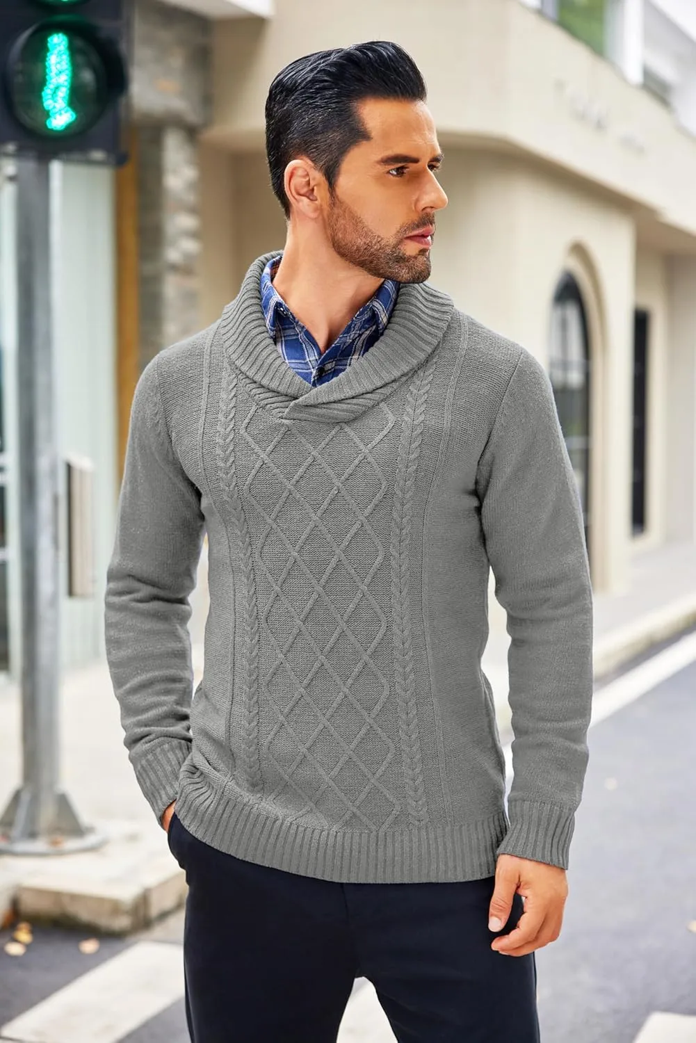 COOFANDY Men's Shawl Collar Sweaters V-Neck Relaxed Fit Cable Pullovers