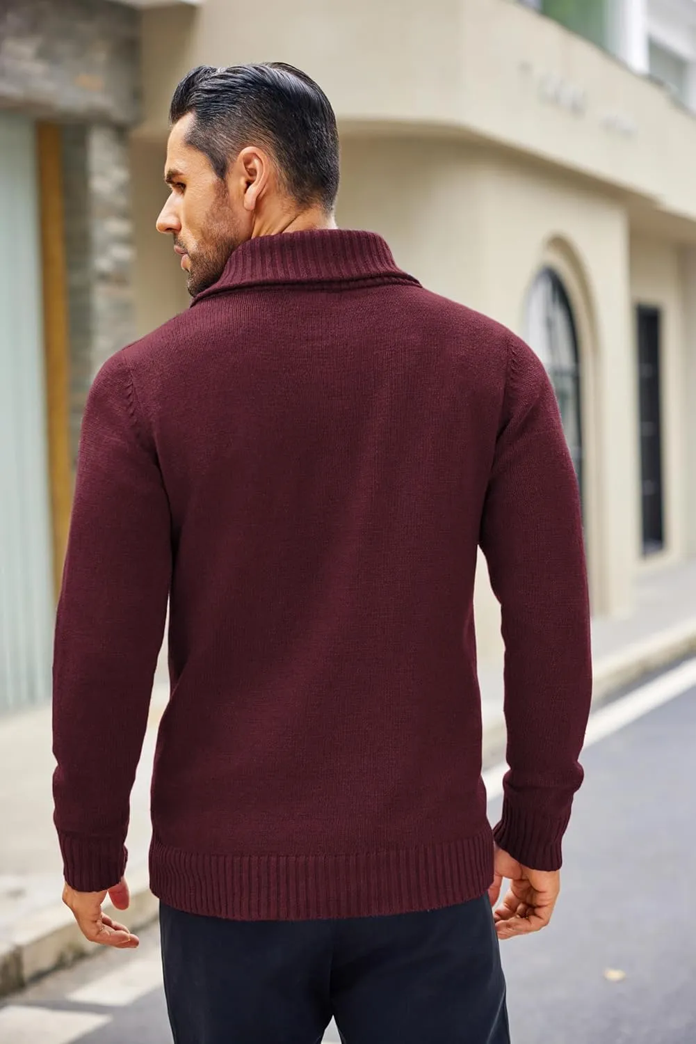 COOFANDY Men's Shawl Collar Sweaters V-Neck Relaxed Fit Cable Pullovers