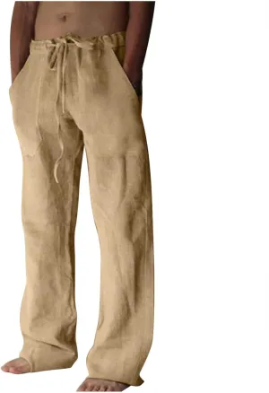 Cotton Linen Pants for Men Drawstring Wide Leg Trousers Elastic Waist Summer Lightweight Lounge Pants Trendy Pants