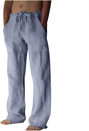 Cotton Linen Pants for Men Drawstring Wide Leg Trousers Elastic Waist Summer Lightweight Lounge Pants Trendy Pants