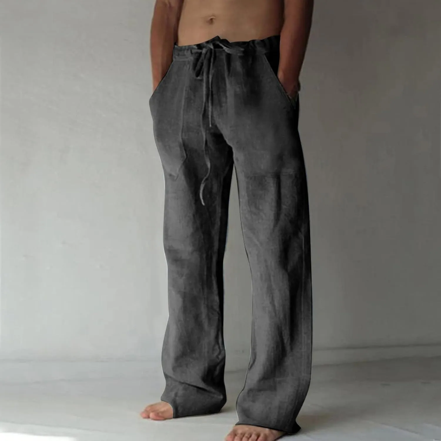 Cotton Linen Pants for Men Drawstring Wide Leg Trousers Elastic Waist Summer Lightweight Lounge Pants Trendy Pants