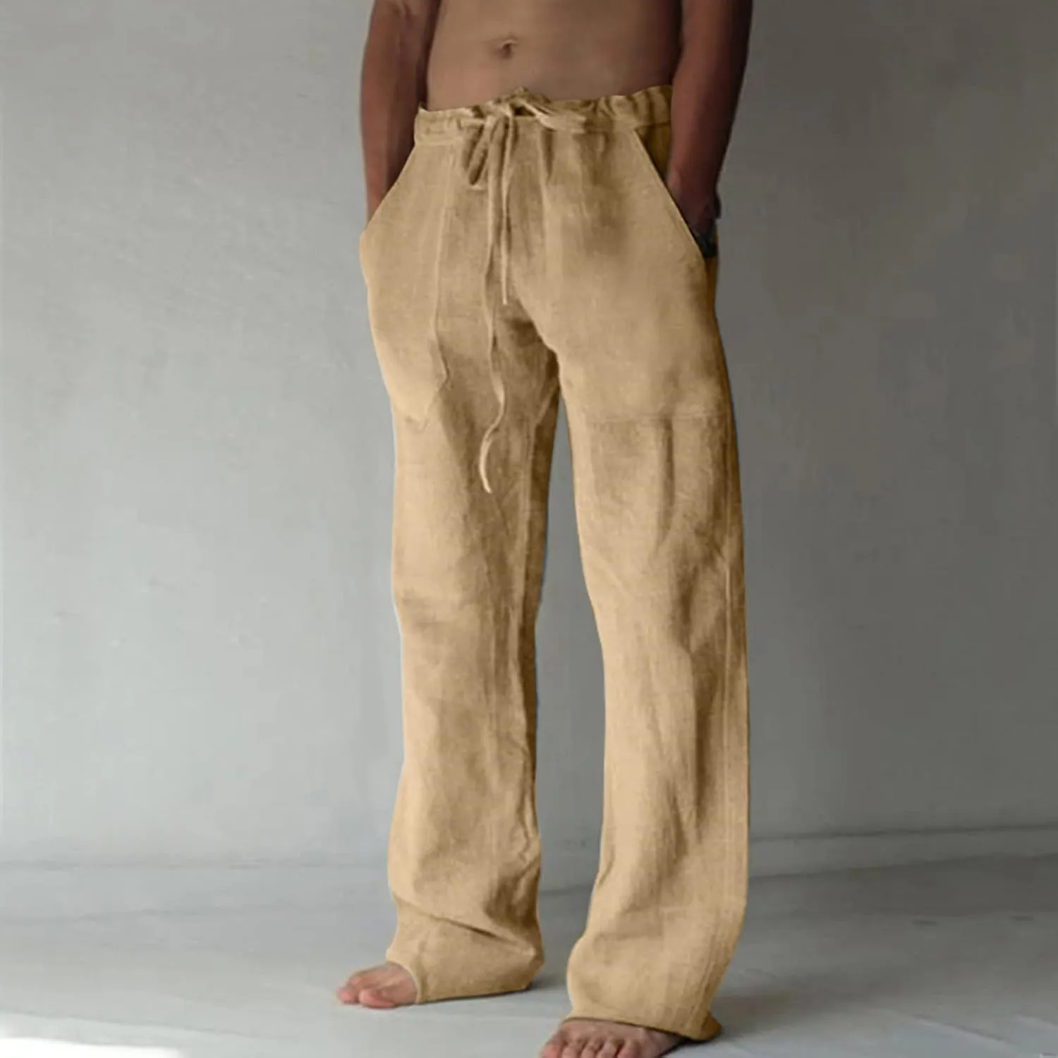 Cotton Linen Pants for Men Drawstring Wide Leg Trousers Elastic Waist Summer Lightweight Lounge Pants Trendy Pants