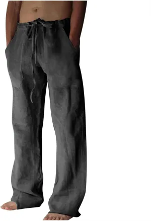 Cotton Linen Pants for Men Drawstring Wide Leg Trousers Elastic Waist Summer Lightweight Lounge Pants Trendy Pants
