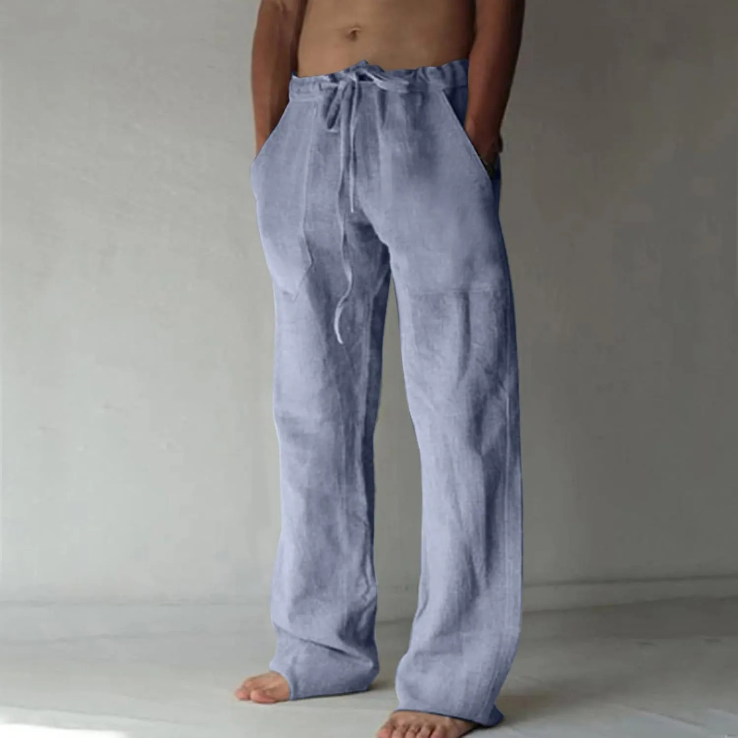 Cotton Linen Pants for Men Drawstring Wide Leg Trousers Elastic Waist Summer Lightweight Lounge Pants Trendy Pants
