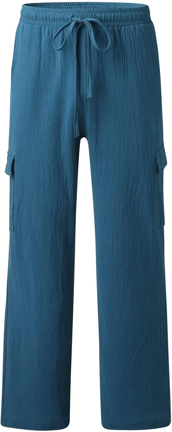 Cotton Linen Pants for Men Mid Waist Drawstring Pants Plain Breathable Yoga Trousers Baggy Beach Trouser with Pockets