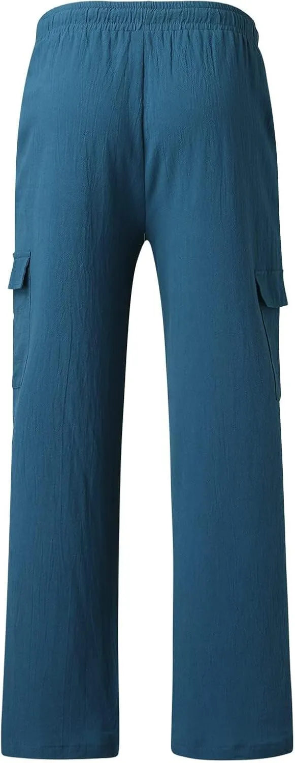 Cotton Linen Pants for Men Mid Waist Drawstring Pants Plain Breathable Yoga Trousers Baggy Beach Trouser with Pockets