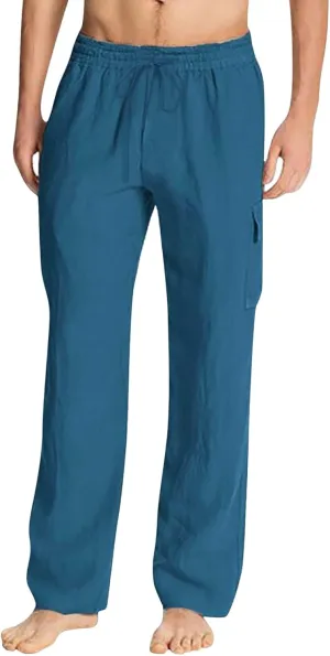 Cotton Linen Pants for Men Mid Waist Drawstring Pants Plain Breathable Yoga Trousers Baggy Beach Trouser with Pockets