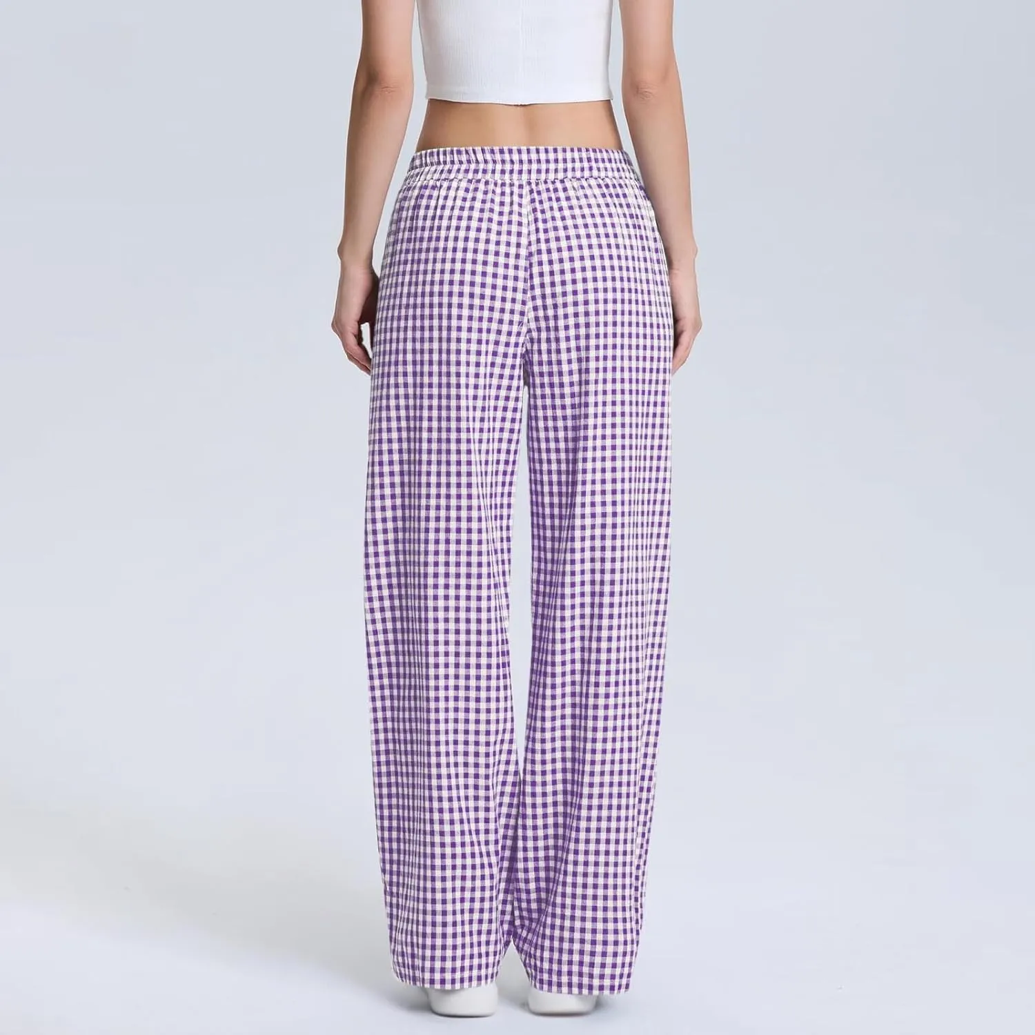 Cute Wide Leg Pants Women 2025 Fashion High Waist Stretchy Straight Plaid Trousers Casual Loose Beach Length Pants