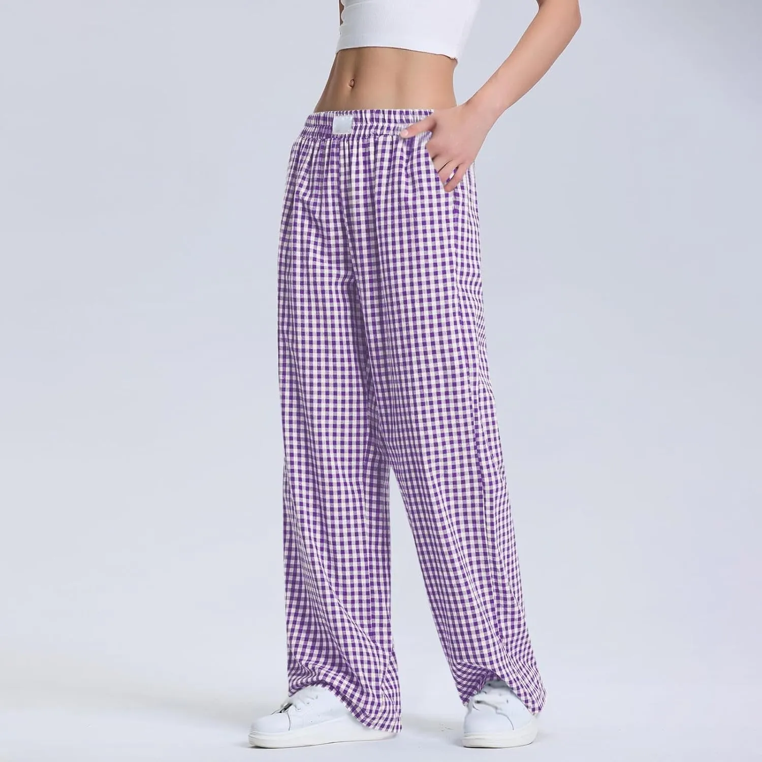 Cute Wide Leg Pants Women 2025 Fashion High Waist Stretchy Straight Plaid Trousers Casual Loose Beach Length Pants