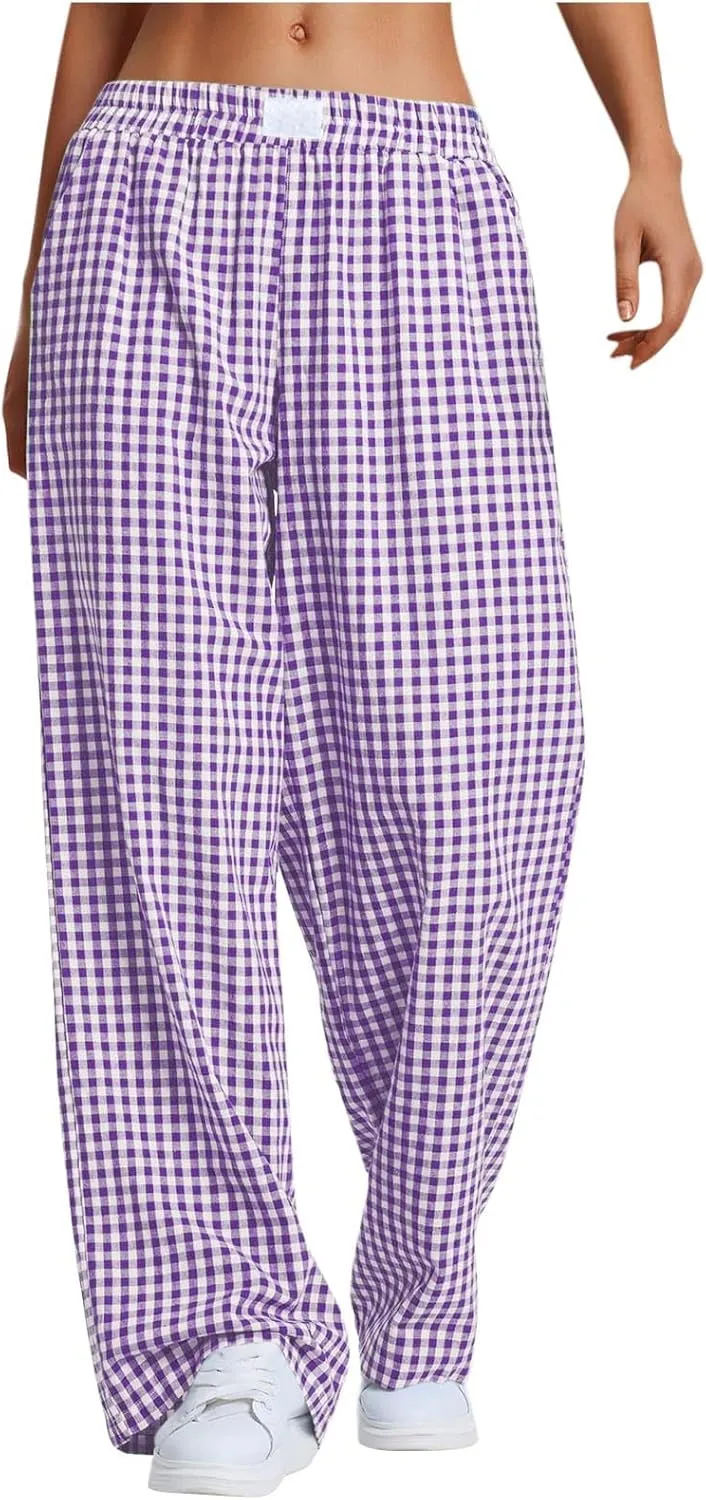 Cute Wide Leg Pants Women 2025 Fashion High Waist Stretchy Straight Plaid Trousers Casual Loose Beach Length Pants