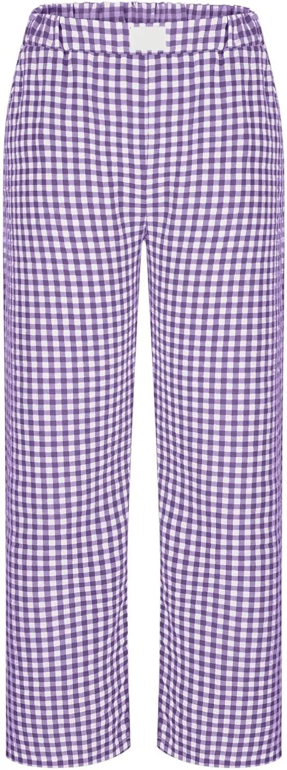 Cute Wide Leg Pants Women 2025 Fashion High Waist Stretchy Straight Plaid Trousers Casual Loose Beach Length Pants