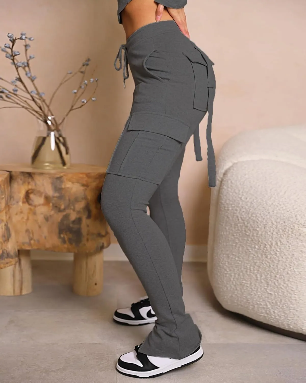 DINGANG Women's Drawstring Cargo Sweatpants with Pockets, Stretchy Casual Joggers Lounge Leggings