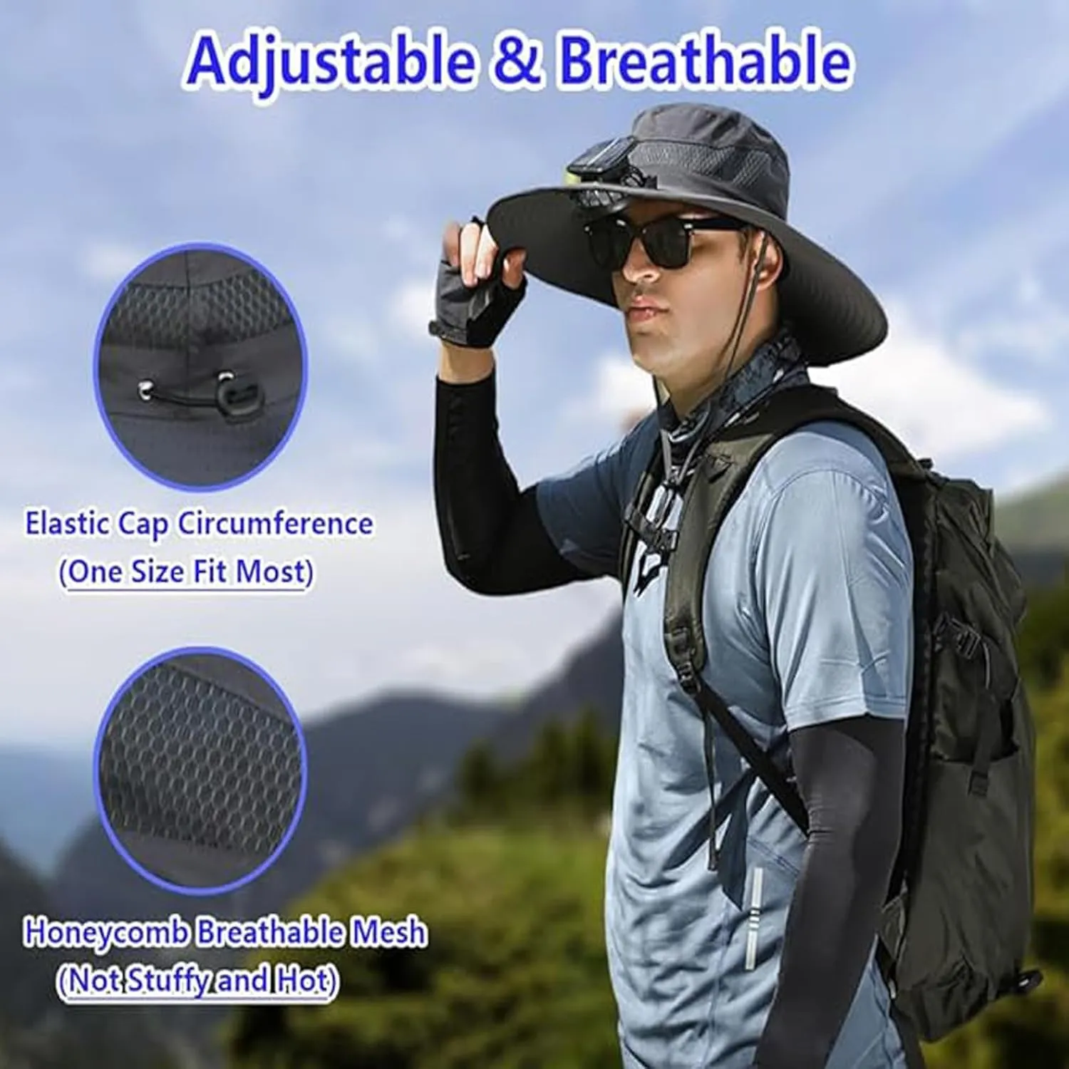 Economicalk Fan Hat, Outdoor Wide Brim Sun with 2 Solar Fan Sun Bucket Hat for Men Women with Fan Built in