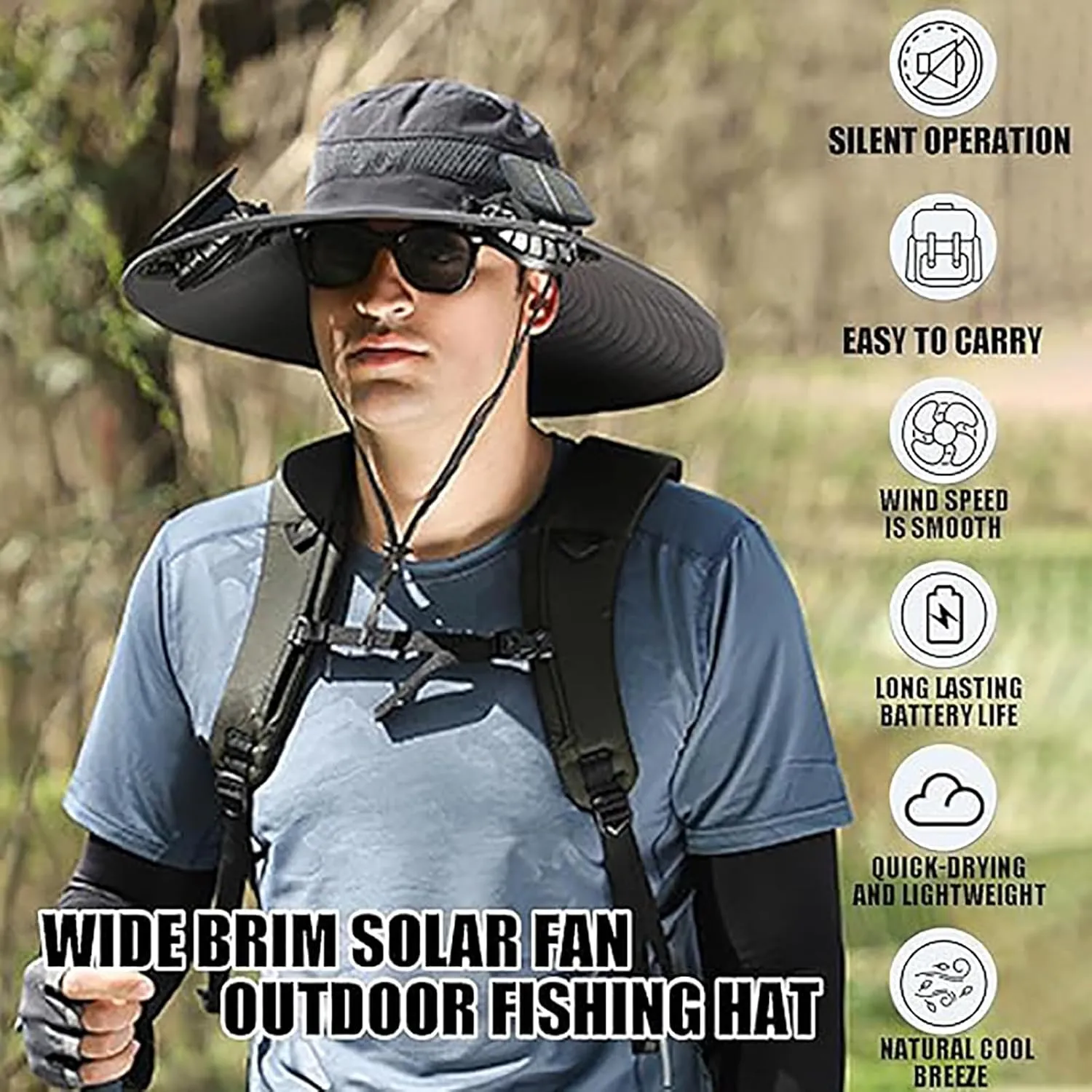 Economicalk Fan Hat, Wide Brim Solar Fan Outdoor Fishing Hat-Solar & USB Charging, UPF 50  Beach Hat for Men Women