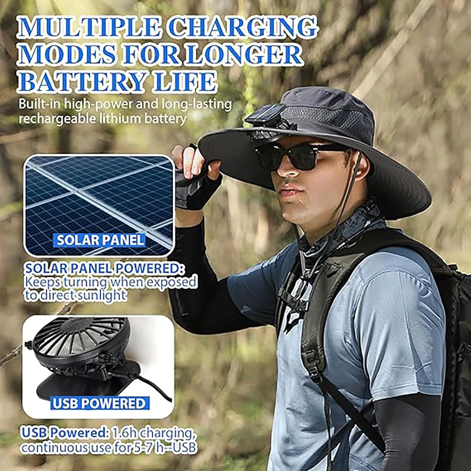 Economicalk Fan Hat, Wide Brim Solar Fan Outdoor Fishing Hat-Solar & USB Charging, UPF 50  Beach Hat for Men Women