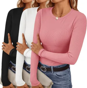 Ekouaer Womens Long Sleeve Shirts Crew Neck Stretchy Fitted Tops 3 Packs Ribbed Base Layer Soft Thermal Undershirts Tee