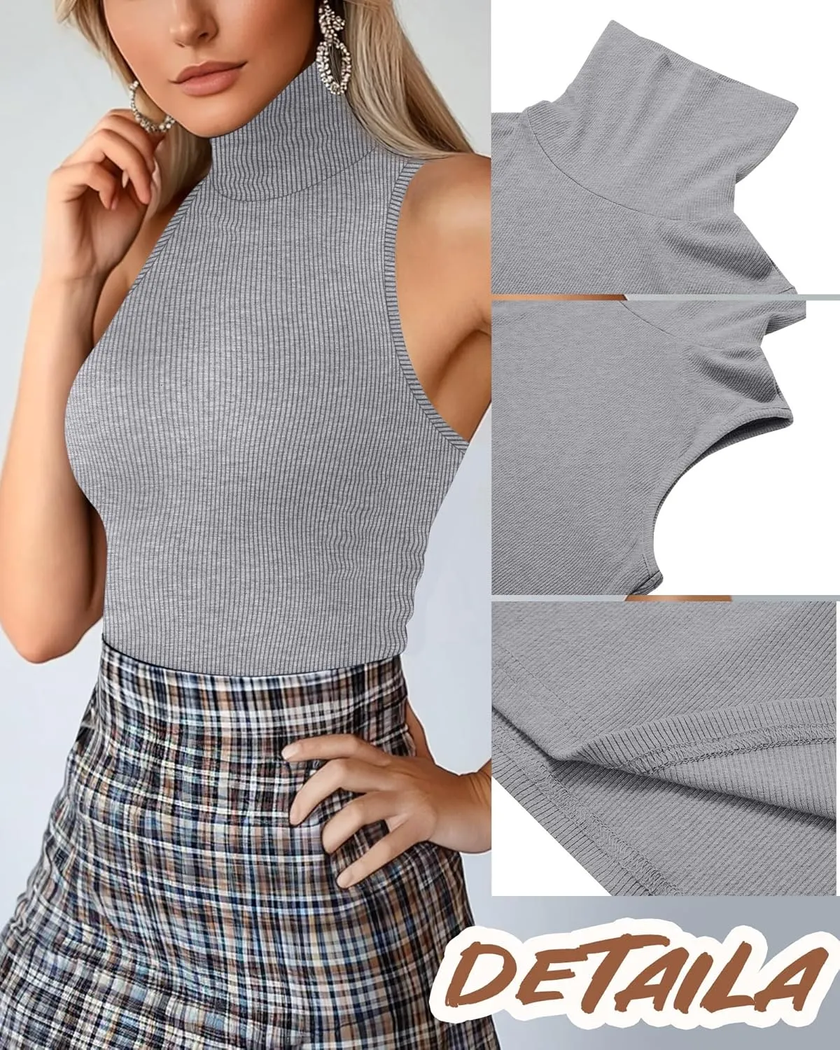 Ficerd 3 Pack Women's Sleeveless Mock Turtleneck Tank Tops Ribbed Knit Slim Fitted Stretchy Shirts Casual Layer Basic Tees