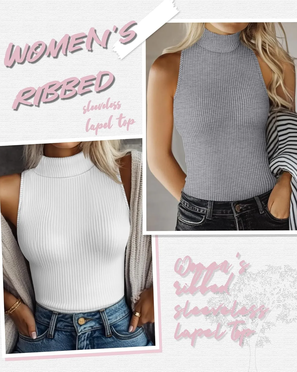 Ficerd 3 Pack Women's Sleeveless Mock Turtleneck Tank Tops Ribbed Knit Slim Fitted Stretchy Shirts Casual Layer Basic Tees