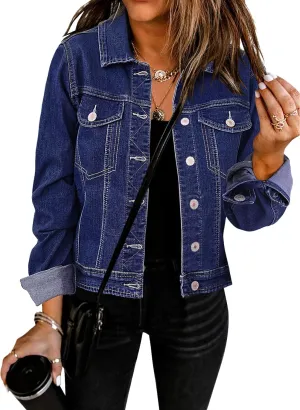 GRAPENT Women's Basic Button Down Long Sleeve Stretchy Jean Trucker Denim Jacket