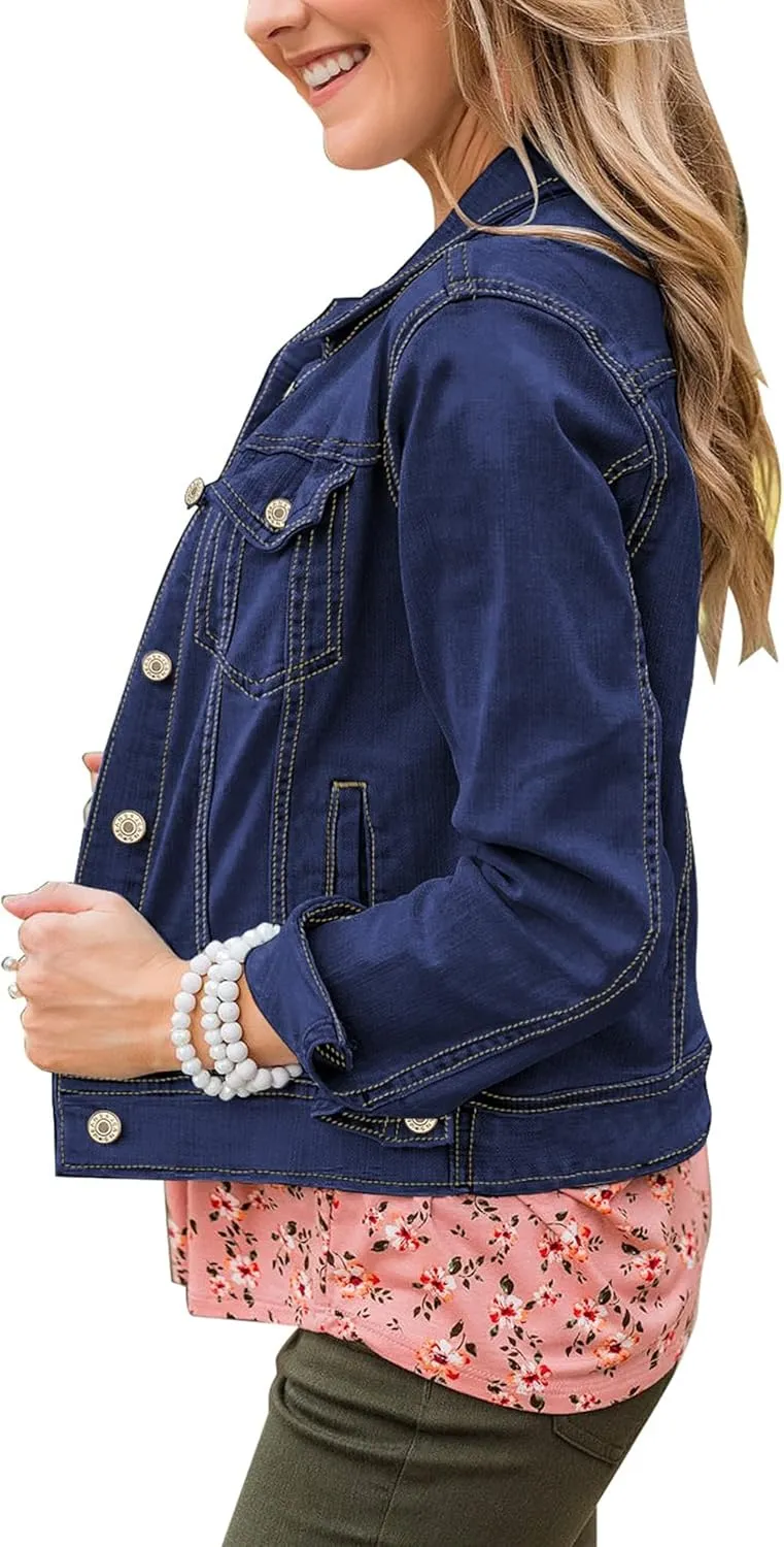 GRAPENT Women's Basic Button Down Long Sleeve Stretchy Jean Trucker Denim Jacket