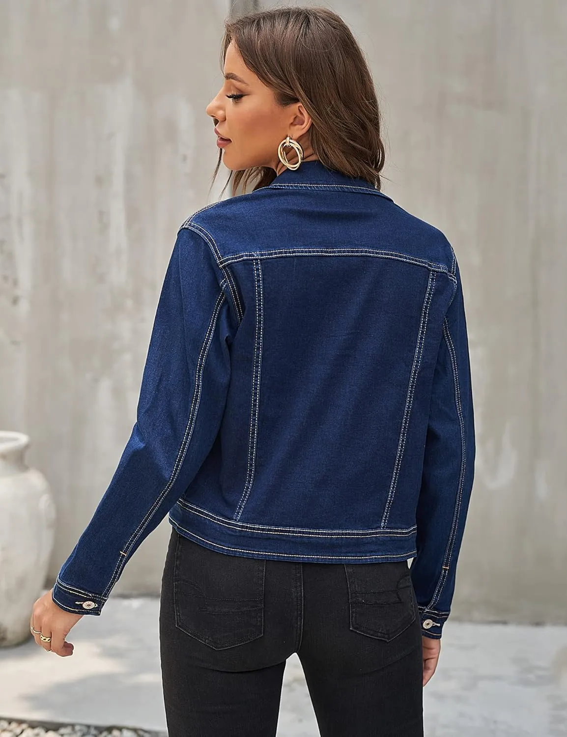 GRAPENT Women's Basic Button Down Long Sleeve Stretchy Jean Trucker Denim Jacket