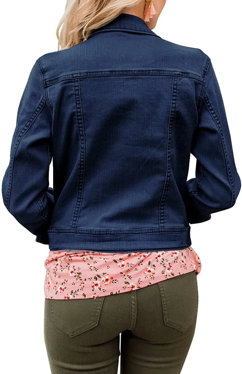 GRAPENT Women's Basic Button Down Long Sleeve Stretchy Jean Trucker Denim Jacket