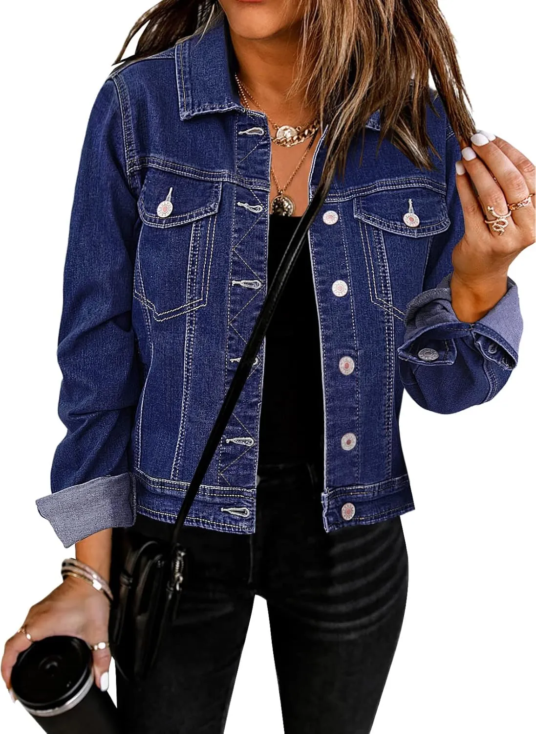 GRAPENT Women's Basic Button Down Long Sleeve Stretchy Jean Trucker Denim Jacket
