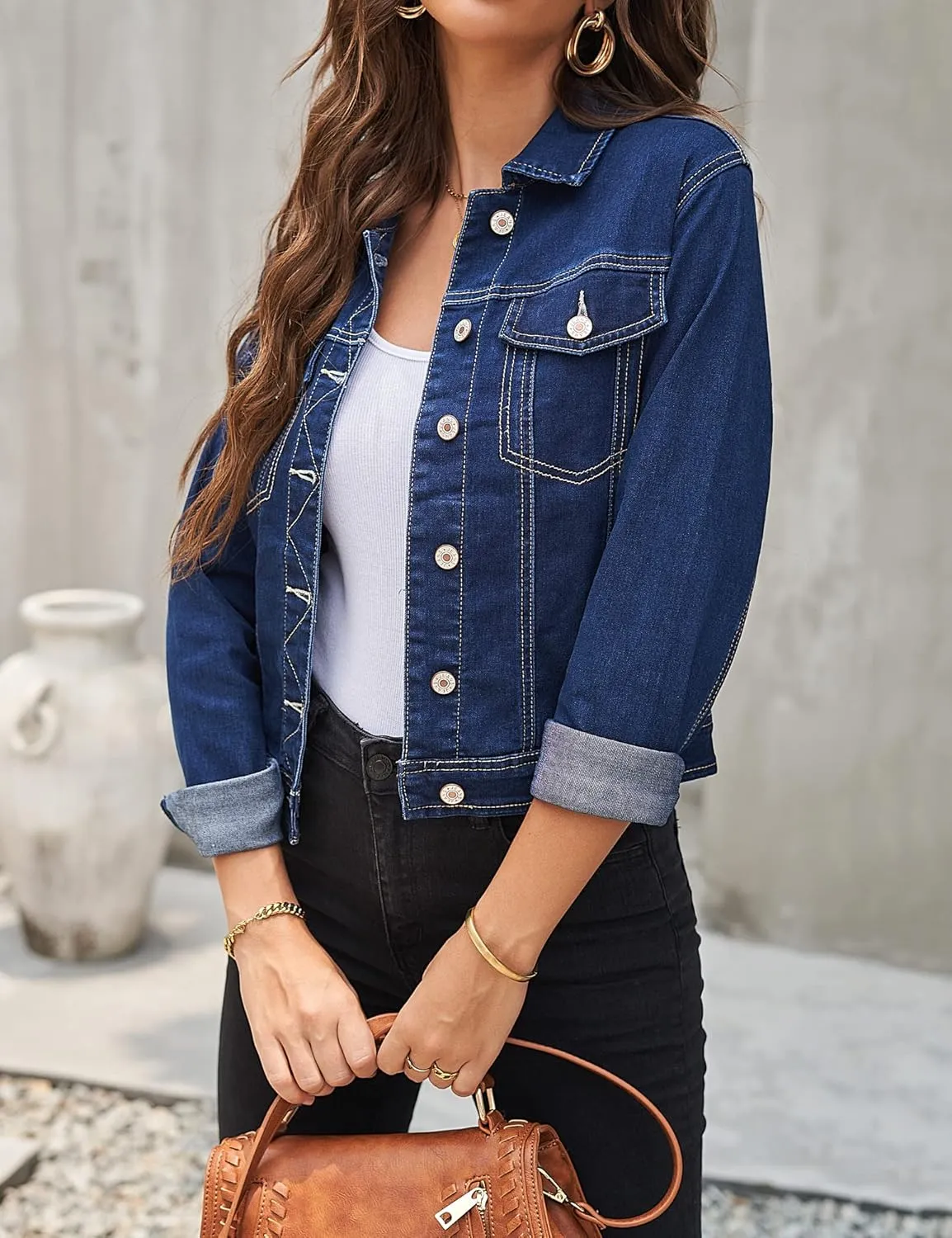 GRAPENT Women's Basic Button Down Long Sleeve Stretchy Jean Trucker Denim Jacket