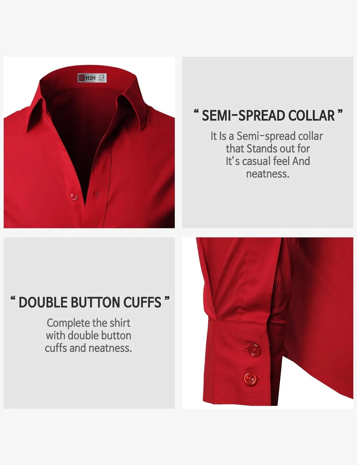 H2H Mens Slim Fit Dress Shirts Stretch Long Sleeve Basic Formal Shirts Solid Business Casual Button Down Shirts