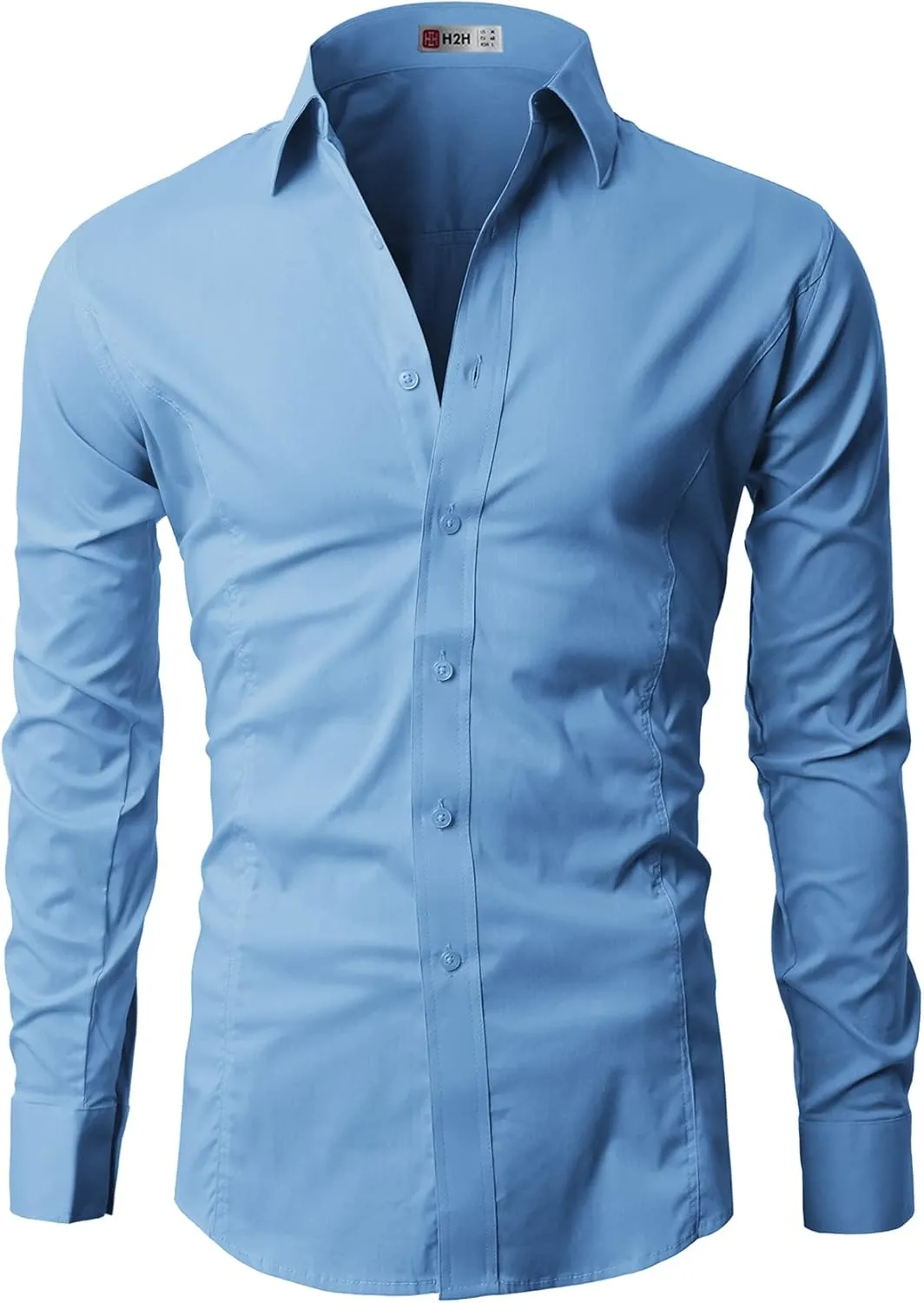 H2H Mens Slim Fit Dress Shirts Stretch Long Sleeve Basic Formal Shirts Solid Business Casual Button Down Shirts