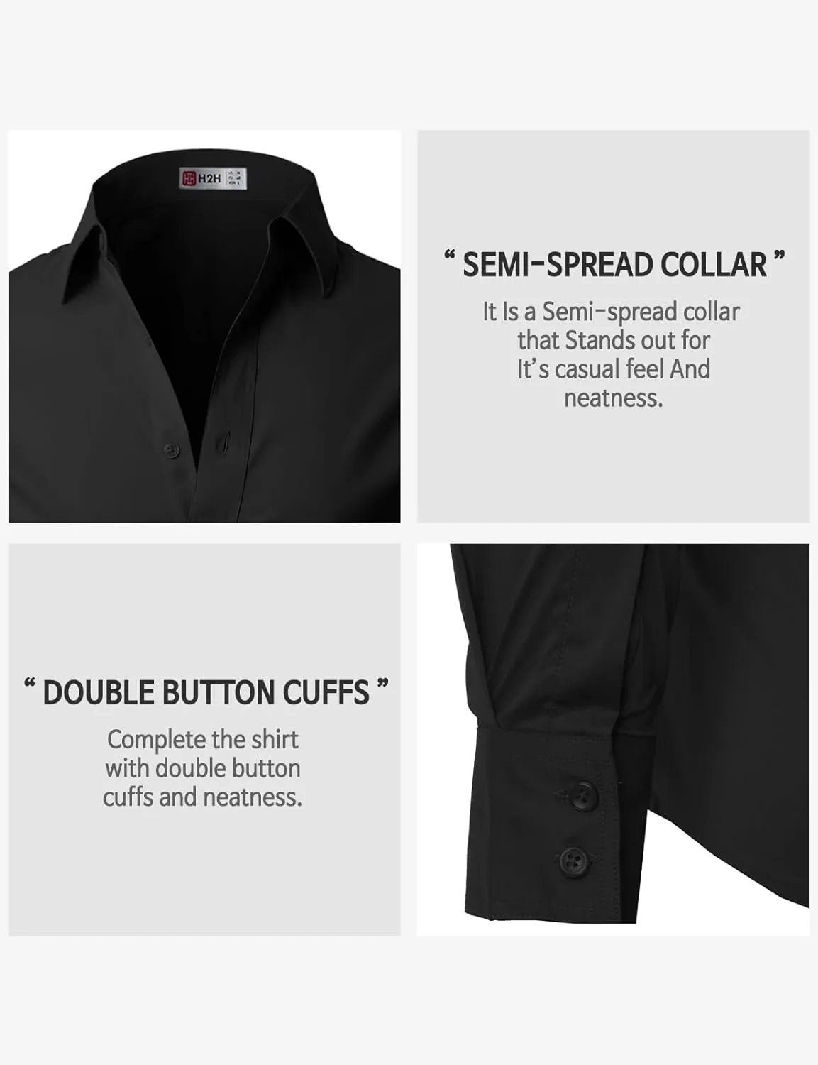 H2H Mens Slim Fit Dress Shirts Stretch Long Sleeve Basic Formal Shirts Solid Business Casual Button Down Shirts