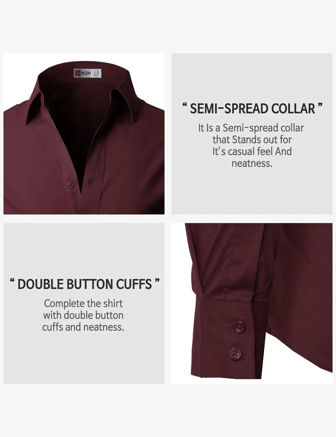 H2H Mens Slim Fit Dress Shirts Stretch Long Sleeve Basic Formal Shirts Solid Business Casual Button Down Shirts