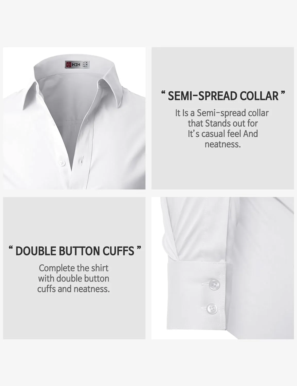 H2H Mens Slim Fit Dress Shirts Stretch Long Sleeve Basic Formal Shirts Solid Business Casual Button Down Shirts