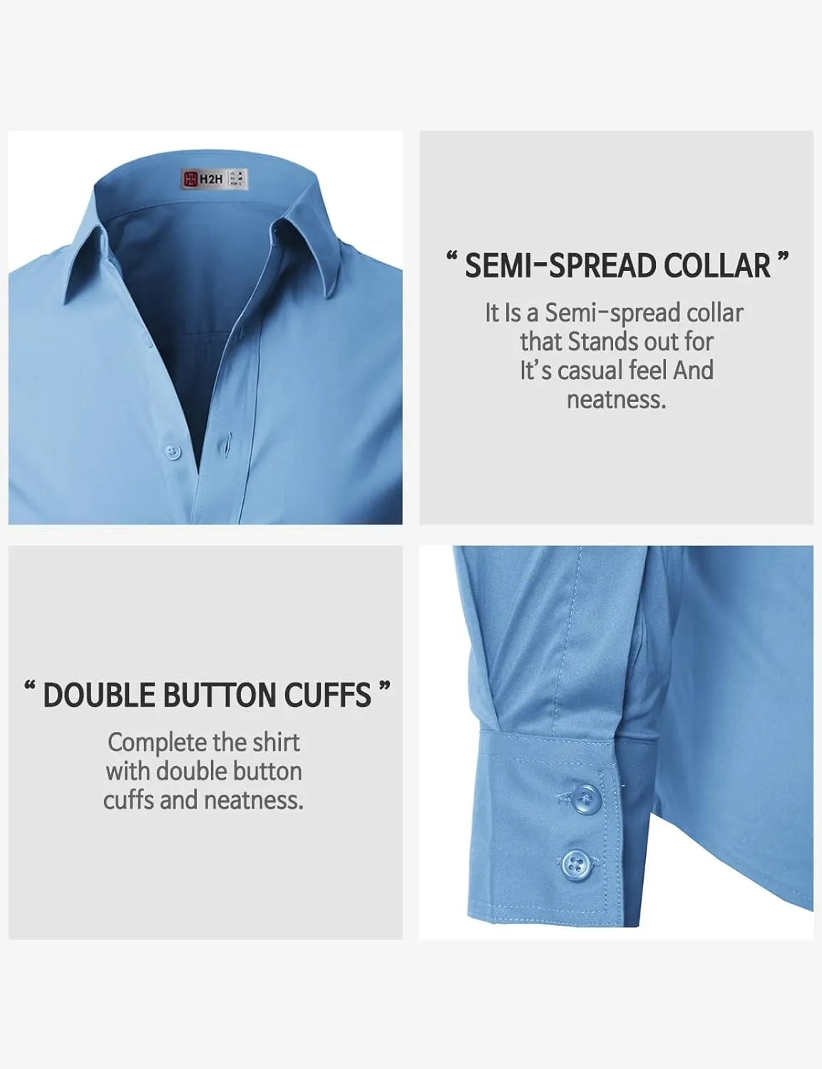H2H Mens Slim Fit Dress Shirts Stretch Long Sleeve Basic Formal Shirts Solid Business Casual Button Down Shirts