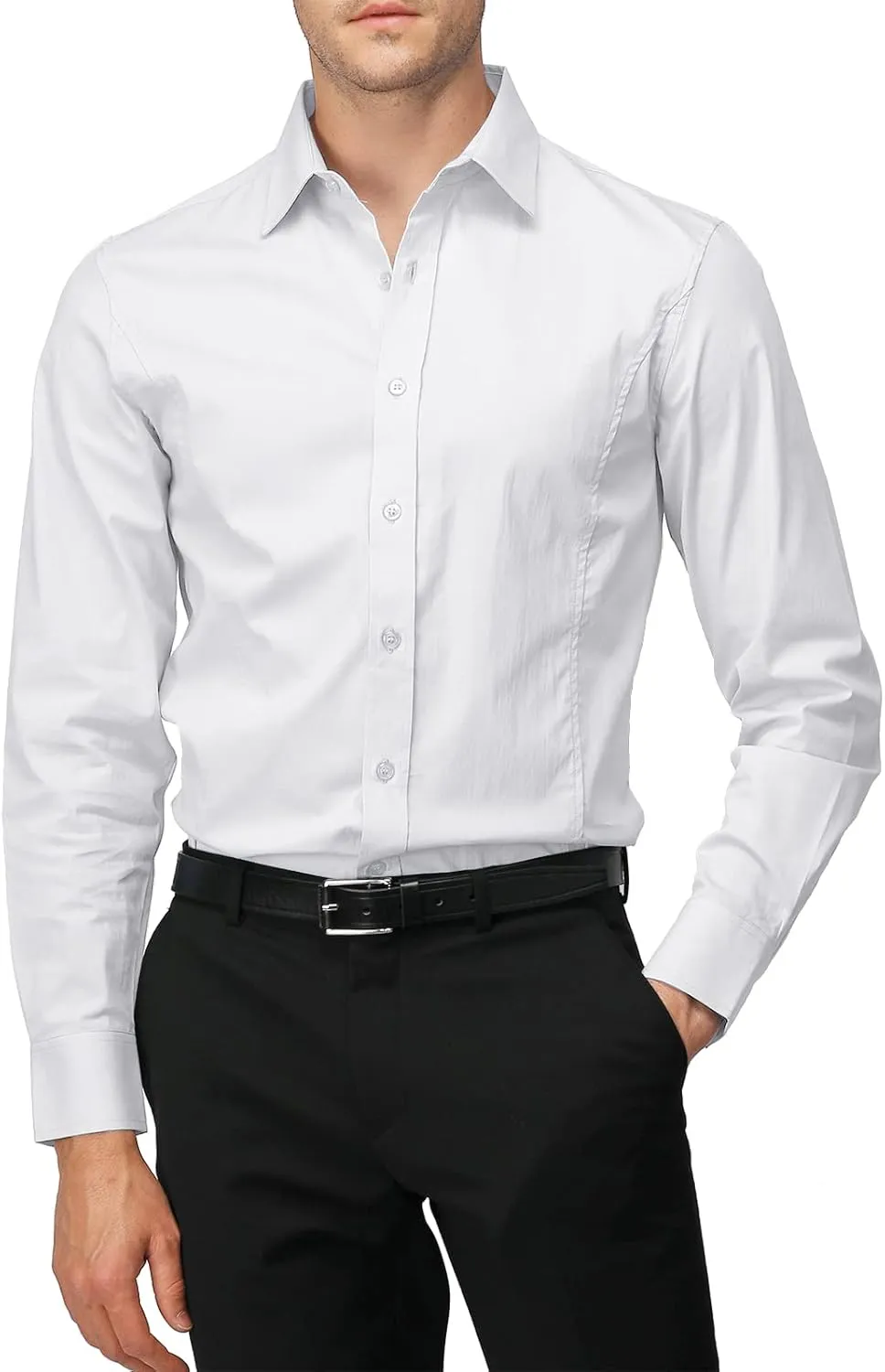 H2H Mens Slim Fit Dress Shirts Stretch Long Sleeve Basic Formal Shirts Solid Business Casual Button Down Shirts