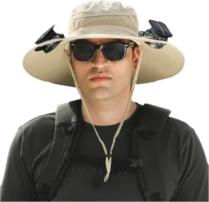 Hat with Fans Solar Power, Solar Fan Hat, Wide Brim Sun Hat with 2 Solar Fan, Outdoor Hiking Camping Fishing Hat