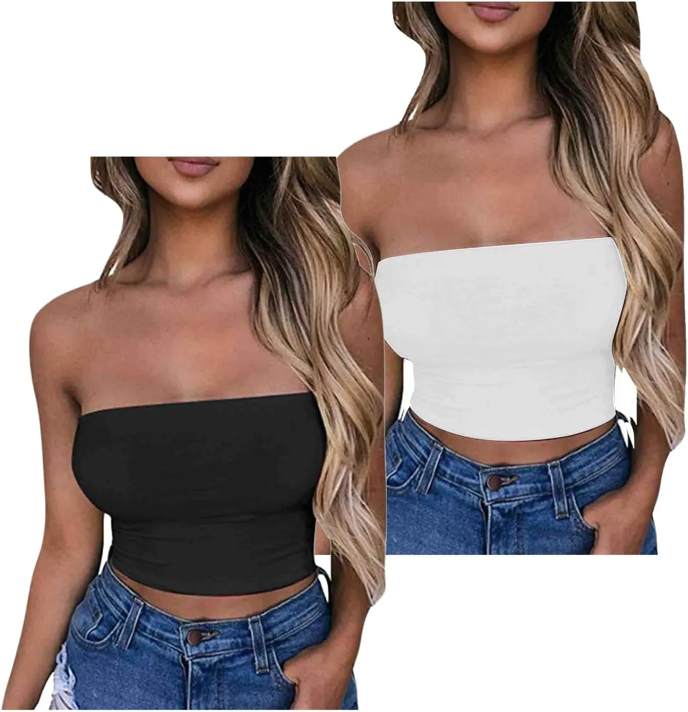 HGps8w 2 Pack Women's Tube Crop Tops Strapless Cute Basic Solid Sleeveless Stretchy Seamless Bandeau Shirts