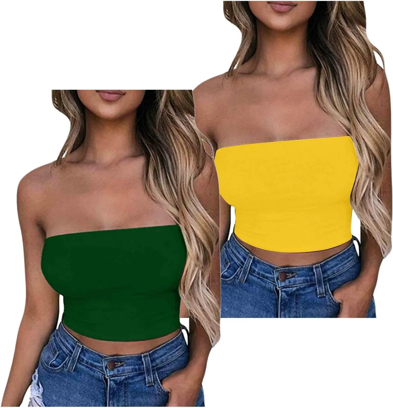 HGps8w 2 Pack Women's Tube Crop Tops Strapless Cute Basic Solid Sleeveless Stretchy Seamless Bandeau Shirts
