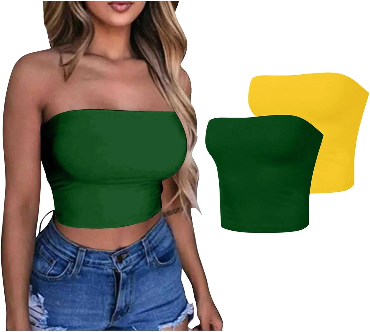 HGps8w 2 Pack Women's Tube Crop Tops Strapless Cute Basic Solid Sleeveless Stretchy Seamless Bandeau Shirts
