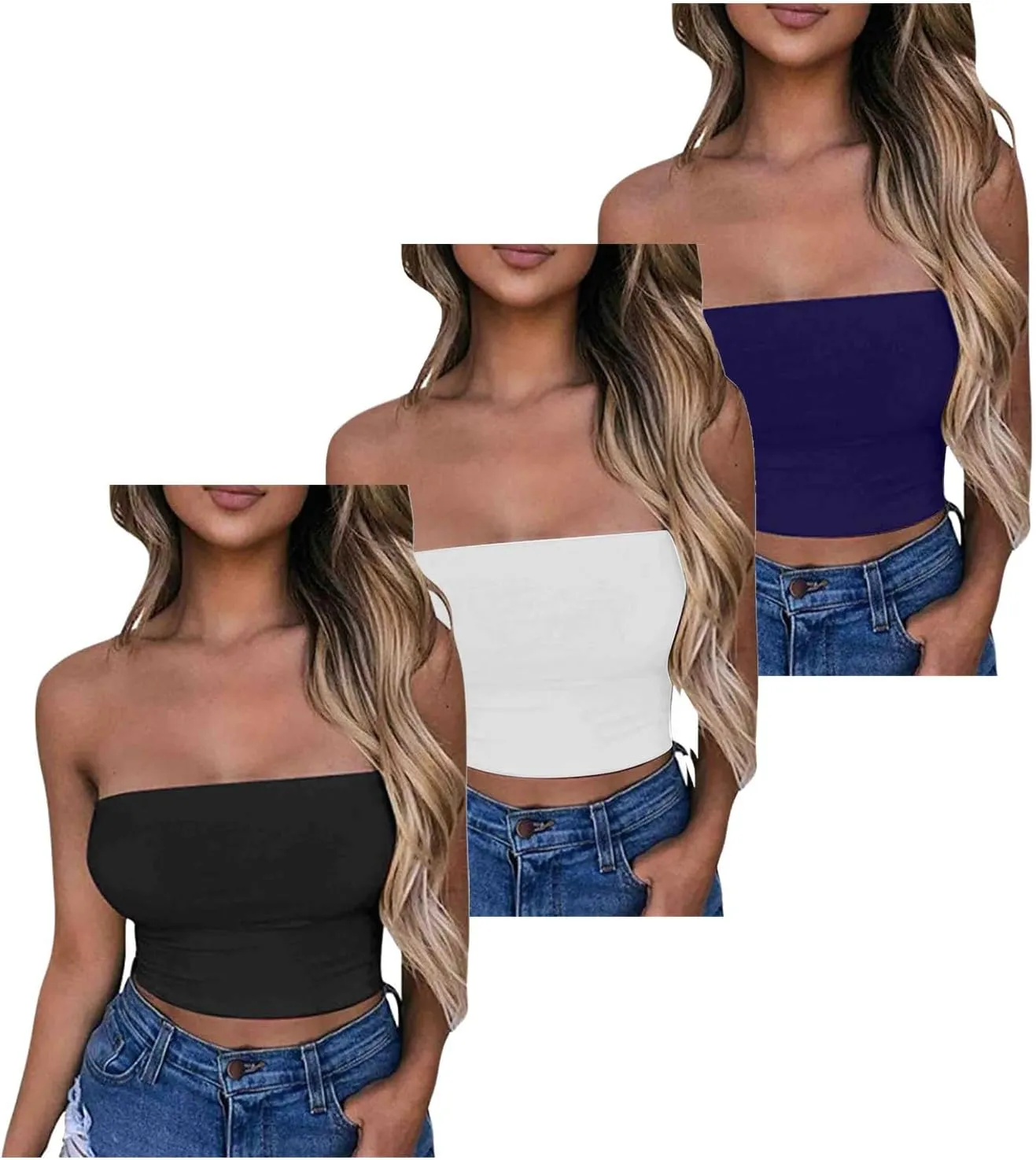 HGps8w 2 Pack Women's Tube Crop Tops Strapless Cute Basic Solid Sleeveless Stretchy Seamless Bandeau Shirts