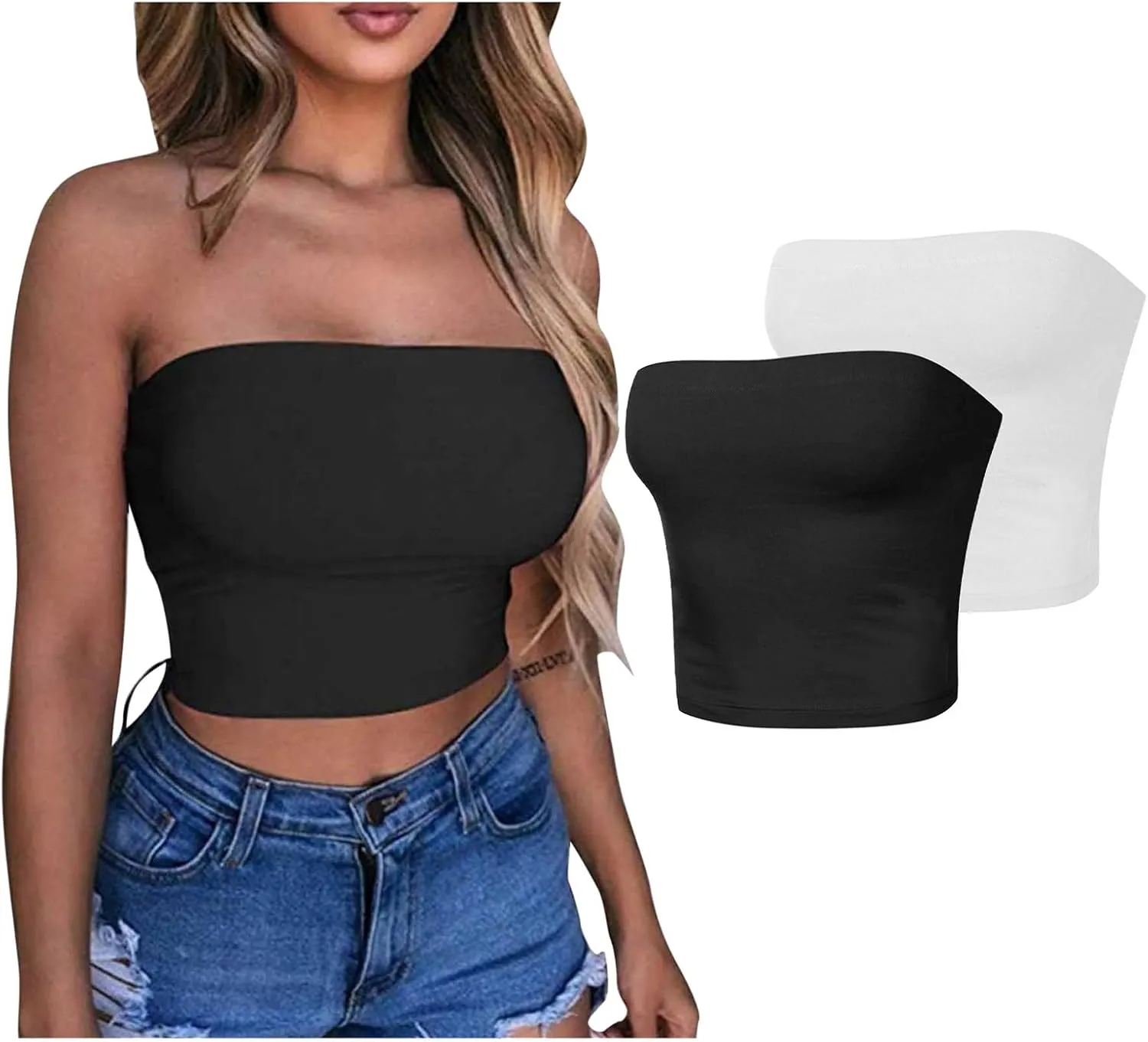 HGps8w 2 Pack Women's Tube Crop Tops Strapless Cute Basic Solid Sleeveless Stretchy Seamless Bandeau Shirts