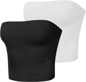 HGps8w 2 Pack Women's Tube Crop Tops Strapless Cute Basic Solid Sleeveless Stretchy Seamless Bandeau Shirts