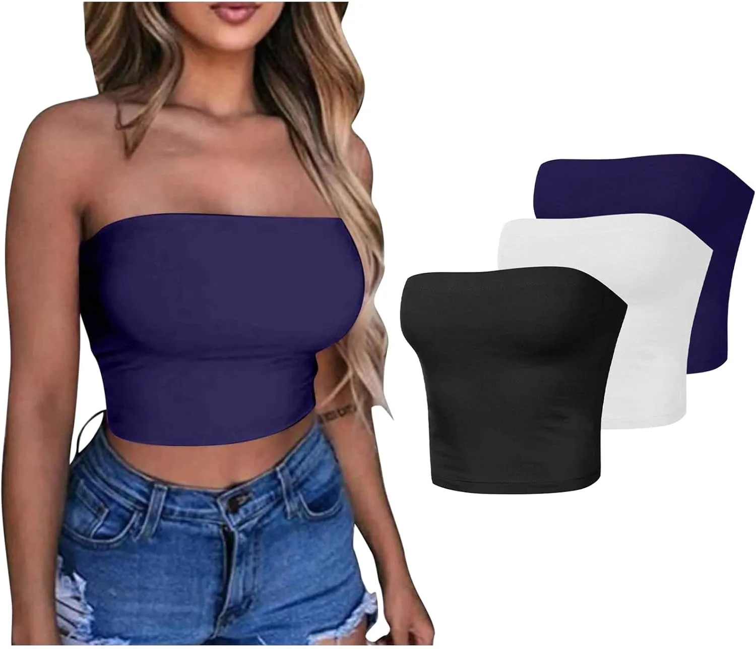 HGps8w 2 Pack Women's Tube Crop Tops Strapless Cute Basic Solid Sleeveless Stretchy Seamless Bandeau Shirts