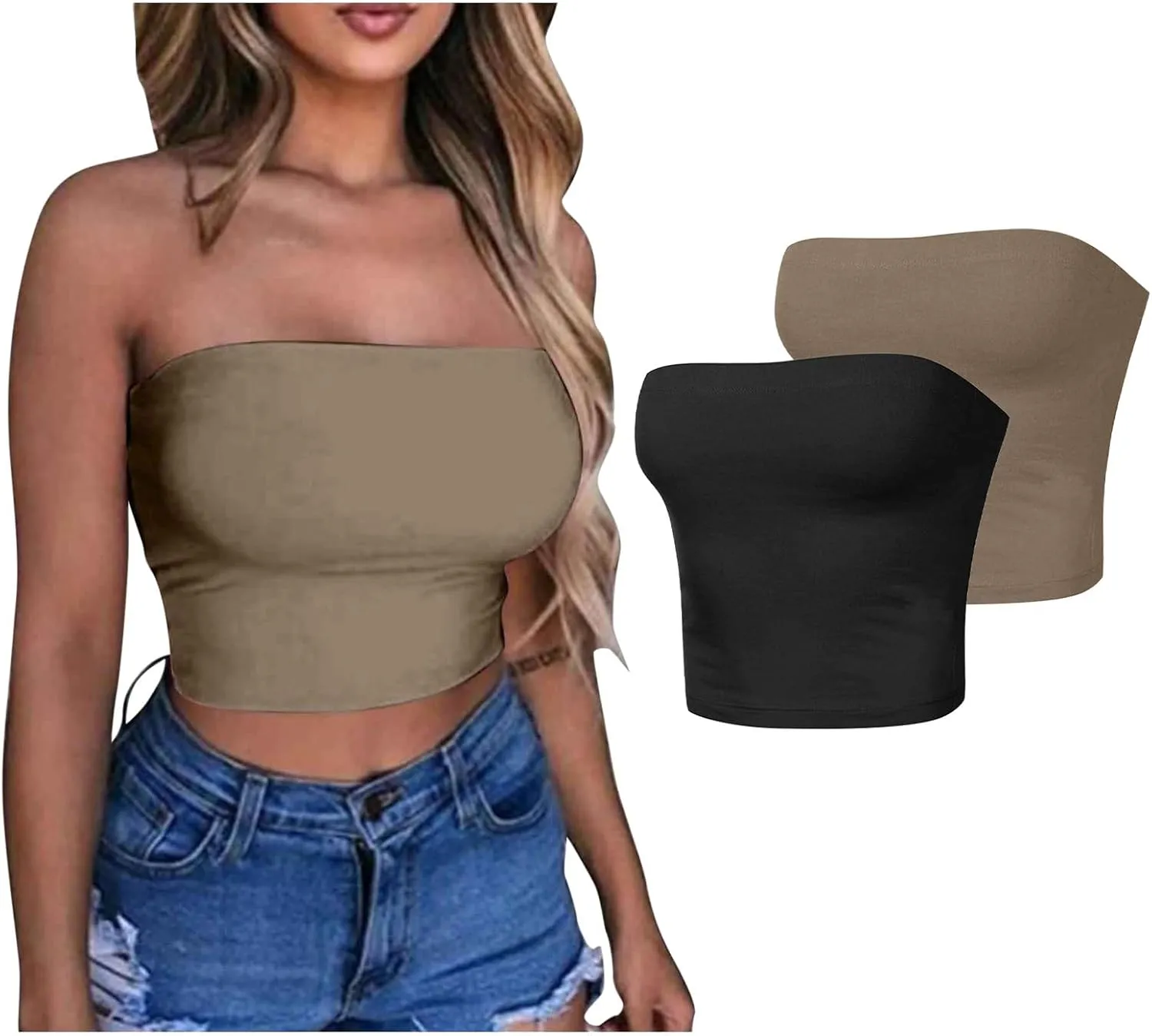 HGps8w 5 Pack Women's Cute Tube Crop Tops Strapless Basic Solid Sleeveless Stretchy Seamless Bandeau Shirts