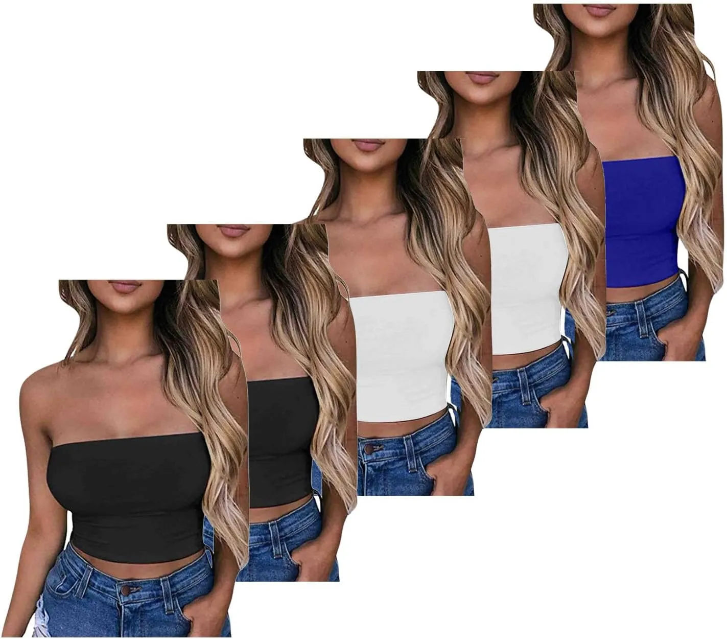 HGps8w 5 Pack Women's Cute Tube Crop Tops Strapless Basic Solid Sleeveless Stretchy Seamless Bandeau Shirts