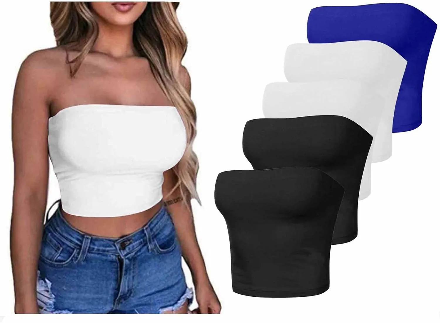 HGps8w 5 Pack Women's Cute Tube Crop Tops Strapless Basic Solid Sleeveless Stretchy Seamless Bandeau Shirts