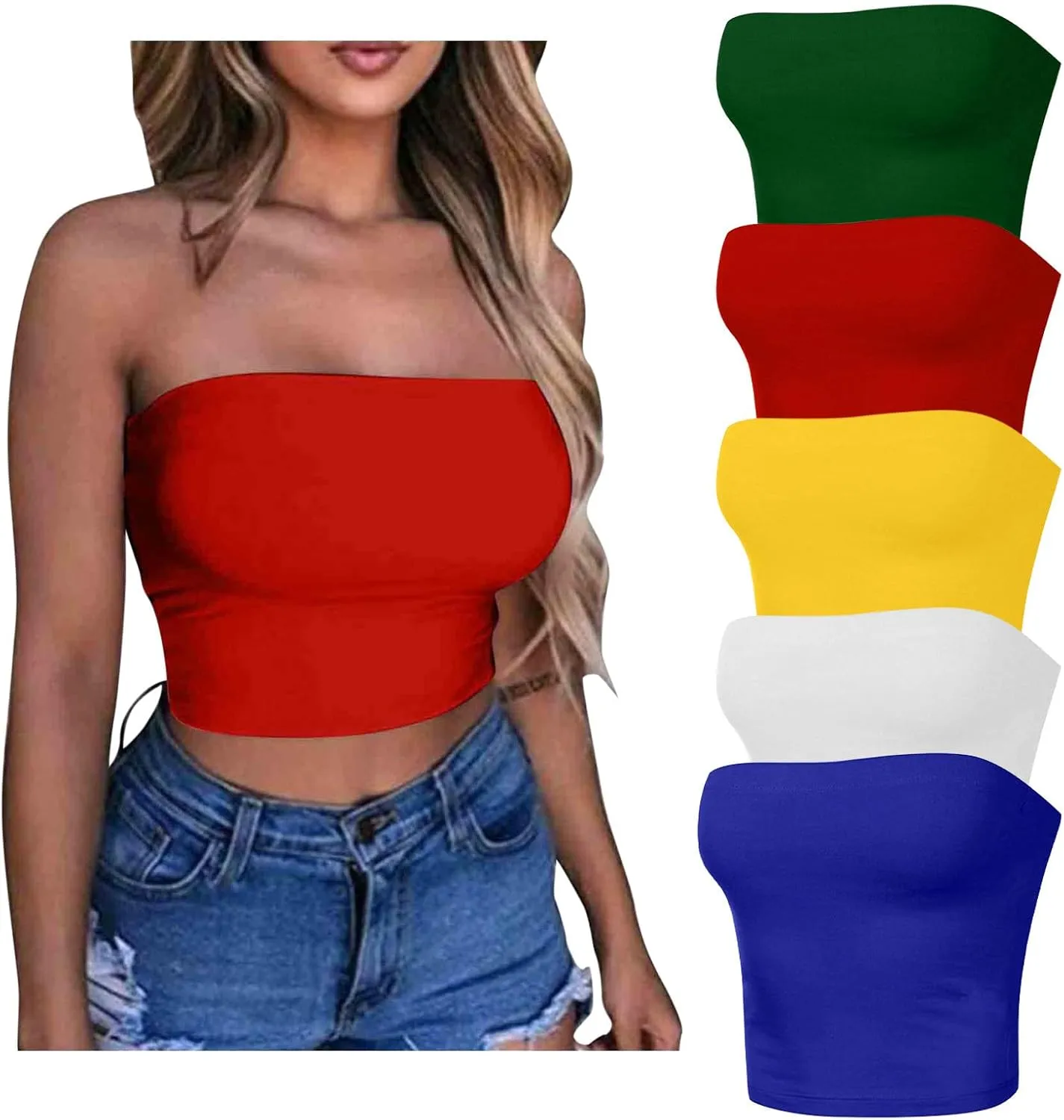 HGps8w 5 Pack Women's Cute Tube Crop Tops Strapless Basic Solid Sleeveless Stretchy Seamless Bandeau Shirts